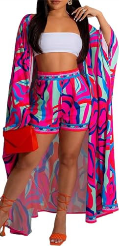 QegarTop Set di pantaloncini kimono da donna, due pezzi, per vacanze estive, copricostume da spiaggia, Stripe-rosso, XX-Large