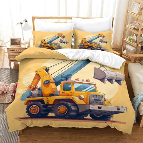 NNAWFJXG Bagger 3D Auto Autotoon Bettbezug Set Und Kissenbezug,bettwäsche Für Jungen Und Mädchen,Print 3 Teilig Sets Mikrofaser Bettbezüge Mit Reißverschluss Single（140x200cm）