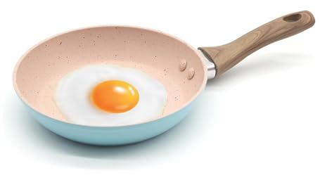 JDBlissful 16cm Padella in Alluminio, Blu con una Maniglia di Legno, Padella Antiaderente Piccola 16cm, Padella Antiaderente Induzione in Pietra, Padelle per Piano a Induzione, per Piani Cottura