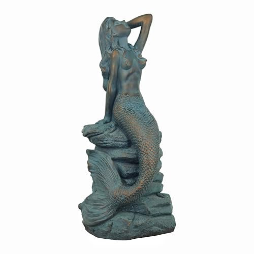 BEAULEMNA Meerjungfrau-Statue, 71,1 cm hoch, Meerjungfrau auf Felsen, Gartenstatue, Kunstharz, Patina, große Meerjungfrau-Skulptur für den Außenbereich, Dekoration für Rasen, Terrasse, Pool, Zuhause