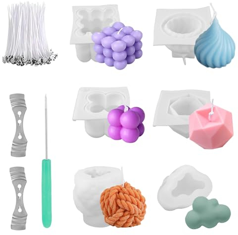 QINGYIWL Kerzenform Bubble Kerzen Kit 3D DIY Silikonform Kerzen-Gießen Formen und Kerzendocht Set, 6 Stück GarnBall Kerzenformen zumGießen als Heimdekorationen DIY Duftkerze Seife