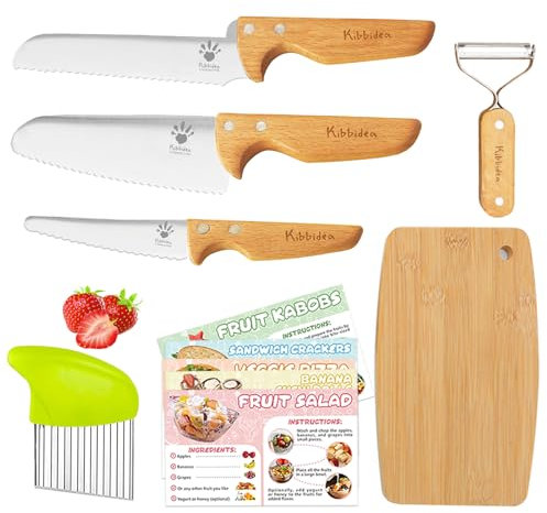 Kibbidea Juego de 7 cuchillos para niños, madera, acero inoxidable, cuchillos de cocina a partir de 3 años, para cortar y cocinar frutas o verduras, incluye pelador tabla de cortar cuchillo ondulado