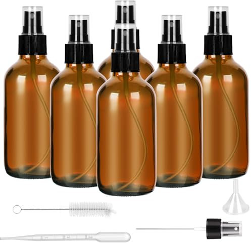 4 oz Amber Glass Spray Bottle for Essential Oil, Small Empty Spray Bottle, Fine Mist Spray, Refillable for Travel, Cleaning, Set of 6 (4 oz)