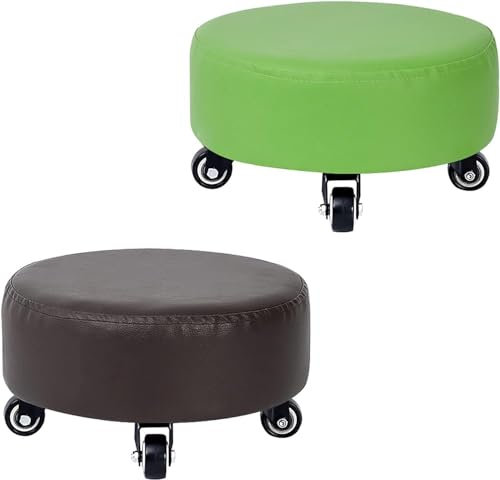 Wrobelax Niedriger Hocker, 2er-Set, bequeme Rollhocker mit Rollen, für Zuhause, Schlafzimmer, kurzer Stuhl zum Sitzen, niedliche, runde kleine Hocker, extra dickes Kissen (Farbe: Grün + Braun)