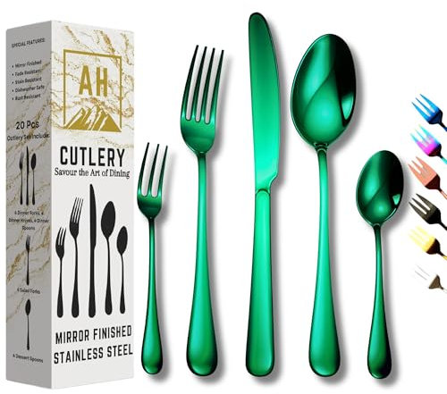 Emerald Green Mirror Finished Cutlery Set, Green Knife and Fork Sets, Perfect Christmas Dinner Set, Dinner Set for 4 People, Elegant Tableware, Dishwasher Safe Stainless Steel Cutlery - 20pcs Set.