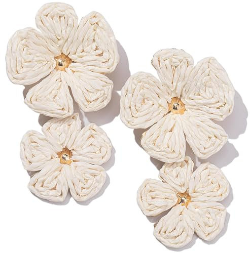 TOFBS Ohrringe für Damen Boho Persönlichkeit Statement Baumeln Ohrringe Rattan Blume Ohrringe Groß Hypoallergene Hawaiian Holiday Style Modeschmuck(Beige)