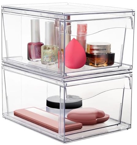 Greentainer Makeup Organizer With Drawers - 2 Pack Foldable Stackable Storage Drawers, PET Desk Cosmetic Cupboard Organisers, Dustproof Drawer Storage for Dresser, Bathroom, Clear