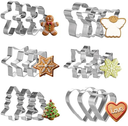 18Pcs Christmas Cookie Cutter Set - Various Sizes Stainless Steel Christmas Cookie Molds Christmas Biscuit Cutters - Gingerbread Man Snowflake, Christmas Tree, Heart, Star, Angel