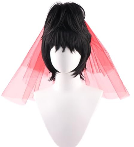 NiceLisa Schwarze kurze Perücke mit abnehmbarem Pferdeschwanz Frauen Retro Gothic Geist Braut Lydia Cosplay Kostüm Perücke mit rotem Schleier