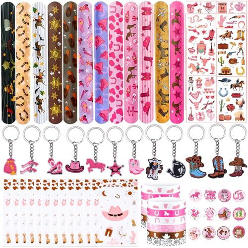 Augweyang Western-Cowgirl-Partyzubehör, Dekorationszubehör mit 12 Geschenktüten, 12 Schlüsselanhänger, 12 Armbändern, 12 Armbändern, 12 Abzeichen, 12 temporäre Tattoos für Geburtstagsparty, Pferd,