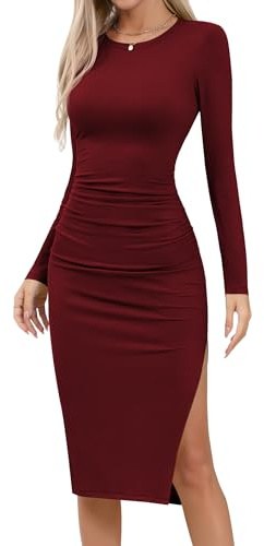 Missufe Damen Langarm Midikleid Strickkleid Bodycon Freizeitkleid mit Schlitz Enges Bleistiftkleid Figurbetontes Gerafftes Kleider
