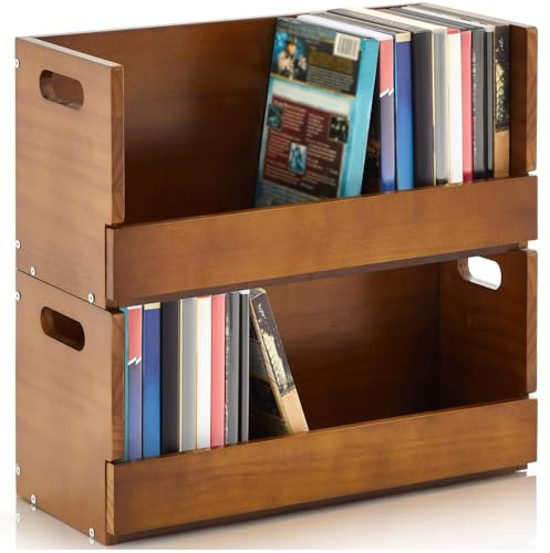 CroBlissful 2 Set Wooden DVD Storage Box DVD Storage Shelf Holder Solid Wood Cassette Tape Display Organizer with Carrying Handle for CD, Movie Cases, Each Organizer Can Store up to 26 Boxes (Brown)