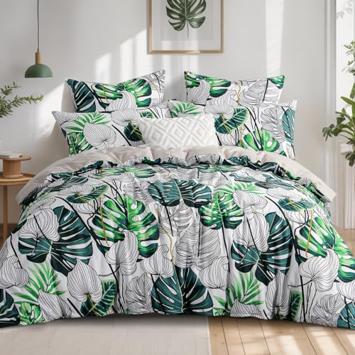 RUIKASI Bettwäsche 200x200 Pflanzen Grün - 3teilig Bettbezug 200x200, Mikrofaser Monstera Bettwäsche-Sets mit 2 Kissenbezügen 80x80cm Reißverschluss, Weich und Bügelfrei