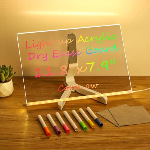 Acryl-Tafel, trocken abwischbar, mit Licht, 30,5 x 20,3 cm, beleuchtet, trocken abwischbar, mit Ständer, als Leucht-Memo, LED-Brett, für Büro, Schule, Zuhause