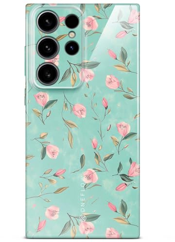 ONEFLOW Flower Cover für Samsung Galaxy S24 Ultra Hülle in Floral Optik, Blumen Designer Case Handy Schutzhülle mit Kameraschutz, Hardcase dünne Handyhülle Blumenmuster, Mintgrün
