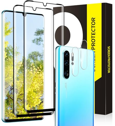 VSEER Lot de 2 + 2 films de protection d'écran en verre blindé pour Huawei P30 Pro, dureté 9H, sans bulles, ultra transparent, P30 Pro, couverture complète 3D, ajustement précis, film de protection