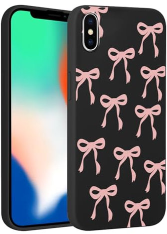 Phoona Black Pink Bow Print Phone Case for iPhone X/XS 5.8, with Aesthetics Pattern Design Thin Soft TPU Silicone Cases, Shockproof Bumper Protector Camera Girls Women Cover, for iPhone X