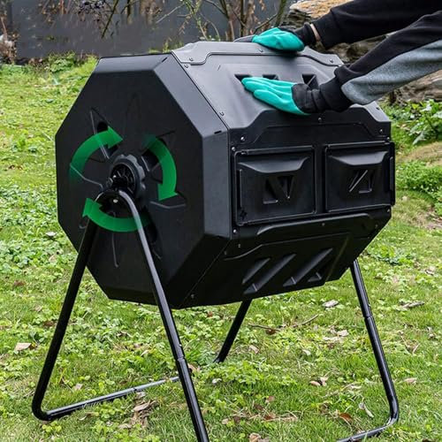 Garden Tumbling Composter, Dual Rotating Chamber, 360-Degree Design with Vents and Deep Fins, 43 Gallon Capacity for Backyard, Kitchen, Patio, Yard