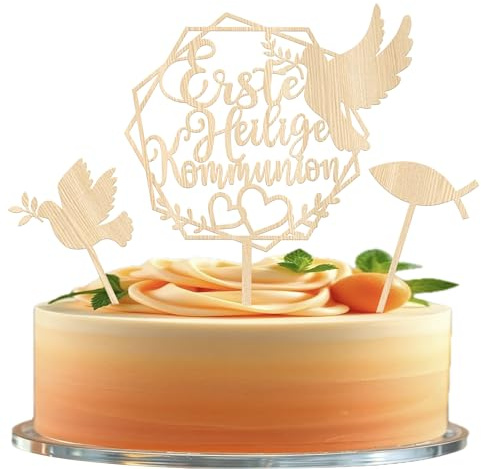 3 Stück Erste Heilige Kommunion Kuchen Deko Holz Fisch Tortendeko Friedenstaube Cake Topper für Religiöser Kommunion Thema Baby Dusche Kinder Geburtstag Party Kuchen Dekorationen