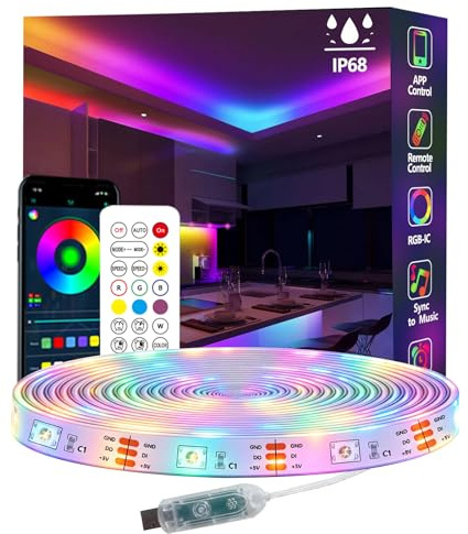 httpsmp 5m Ws2812 RGB+IC LED Streifen, IP68 Wasserdicht, 5V USB Betrieben, Musik Sync, Bluetooth App/RF Fernbedienung, Lichter für Balkon, Deck, Camping, Garten, Schlafzimmer, Dekor