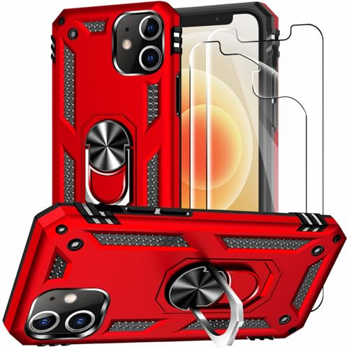 Jihucase for iPhone 12/iPhone 12 Pro Case with Screen Protector:[Military Grade Drop Tested] Ring Holder Kickstand Shockproof Anti-Slip Protective Phone Case for iPhone 12/12 Pro 6.1- Red