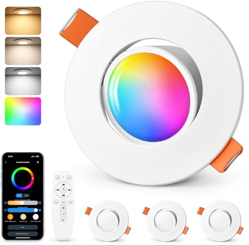 GeyouLux LED Einbaustrahler 230V RGB, Smart 68-80mm 5W IP44 Ultra Flach, Smart LED Spots 2700K-6000K Dimmbar mit APP, 45° Schwenkbar Deckenspots Weiß mit IR Fernbedienung für Badezimmer, 4 Stück