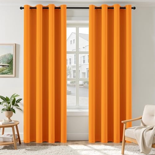 EMEMA Verdunklungsvorhänge mit Ösen 2er 140x245cm Orange Blickdicht Gardine | Blickdicht Vorhänge mit Ösen 245CM Lang bdunkelnde Thermovorhang für Wohnzimmer Schlafzimmer Ösenvorhänge H245xB140CM