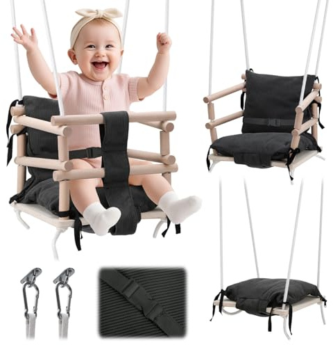 Jaxguom Babyschaukel Indoor & Kinderschaukel Outdoor 3-in-1 aus Holz, Höhenverstellbar (160-260cm) mit Abnehmbarem Kissen, Für Garten, Tragkraft 50kg, Ab 12 Monaten(Grau)