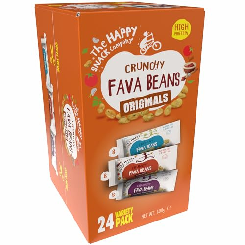The Happy Snack Company Roasted Fava Bean Originals Variety Pack. Plant Protein. 115 Calories. Vegan, Gluten & Nut Free. 24 snack packs. Lightly Salted, Sea Salt and Balsamic Vinegar and Smoky BBQ.