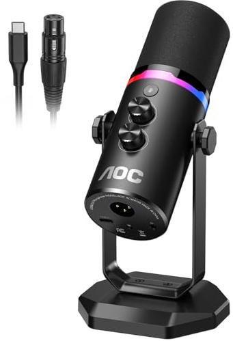 AOC USB/XLR Dynamic Microphone for PC Gaming & Podcasting, Dual-Mode Studio Streaming Mic with RGB Light, Quick Mute, Volume/Gain Control Knob, Heavy-Duty Desk Stand, Type-C & XLR Cables Included