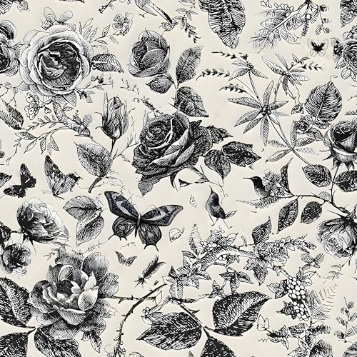 Black and White Floral Wallpaper, 44 x 500 cm Self Adhesive Wallpaper Rose Flowers Butterfly and Birds Wall paper Leaf Plants Wall paper Self Adhesive Furniture Wrap for Living Room,Bathroom,Cabinet