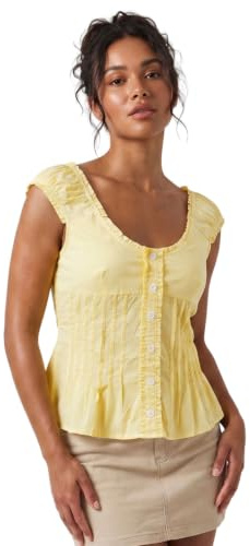Women Button Down Top Y2k Slim Fit Cap Sleeve Ruffle Babydoll T-Shirt