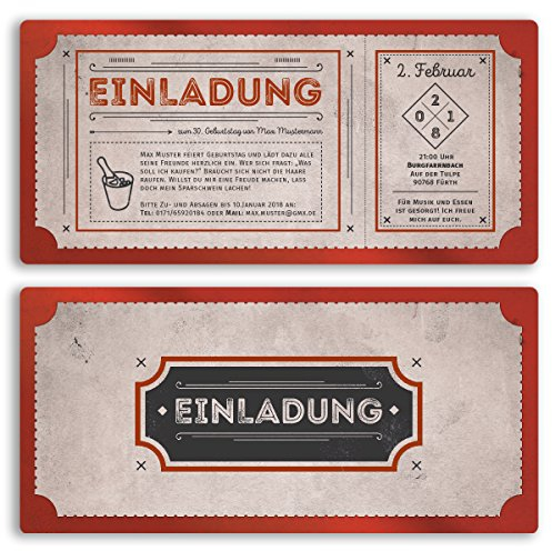 (10 x) Einladungskarten Geburtstag Vintage Retro Ticket Alt Look Rot Einladungen