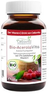Cellavita – Bio Acerola Pulver Vita (Der Vitamin-C-Drink) 120g im Glas - Natürliches Acerola-Fruchtpulver – Zusatz für Getränke & Smoothies – Nahrungsergänzungsmittel zusatzstofffrei