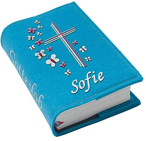 Gotteslob Gotteslobhülle Kreuz Schmetterlinge pink rosa Filz mit Namen bestickt hellgrau weiß dunkelgrau blaugrau dunkelblau türkis maigrün flieder Mädchen, Farbe:türkis