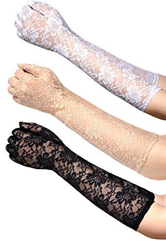 Boao 3 Paar lange Spitzenhandschuhe für Damen, florale Spitzenhandschuhe, Vintage, Ellenbogenlänge, Handschuhe für Hochzeiten, Dinnerpartys, 3 Farben, Schwarz, Weiß, Beige, 15.75 Inch
