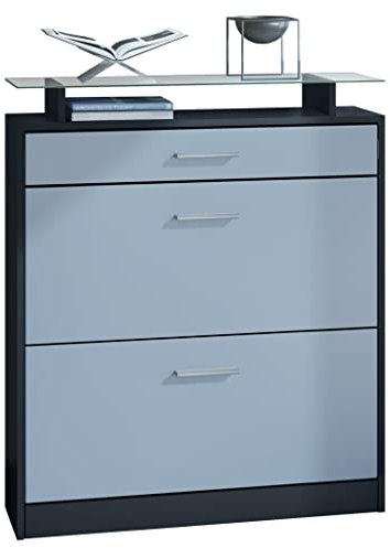 Vladon Zapatero Loret, Armario para Zapatos para 16 Pares de Zapatos con 2 Puertas abatibles y 1 Cajón y Estante de Cristal, Negro Mate/Mezclilla Mate (89 x 104 x 23 cm)