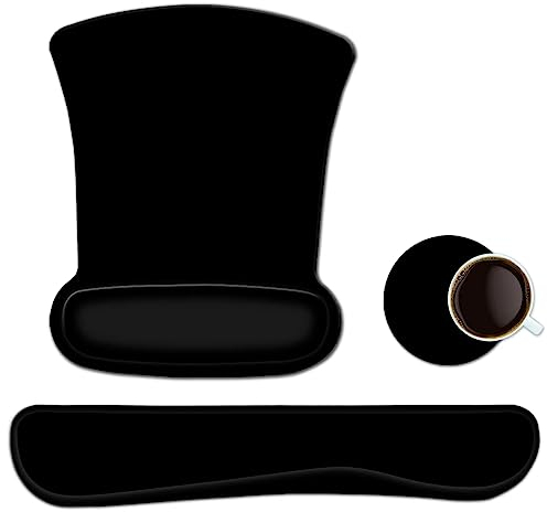 Keyboard Wrist Rest Pad Ergonomic Mouse Pad Set, ToLuLu Cute Mouse Pad for Computer Laptop, Non Slip Mousepad Keyboard Wrist Support with Raised Memory Foam for Easy Typing Pain Relief, Plain Black