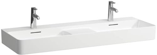 LAUFEN VAL Doppelwaschtisch, 3 Hahnlöcher, mit Überlauf, 1200x420mm, semi-trockener Bereich mittig, H8142827571081, Farbe: weiss matt