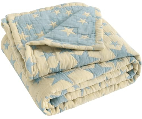 NTBAY 3 Layer Toddler Blanket, Muslin Cotton Jacquard Bed Blankets, Lightweight Thermal Baby Blanket, Super Soft and Warm Crib Blanket for All Seasons, Decoration Gift, 30x40, Blue and Yellow Star
