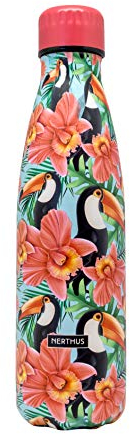 NERTHUS Fih 773 Bouteille Double Paroi Design Toucans Rouge 500 ML, en Acier Inoxydable, sans Bpa, 18/8
