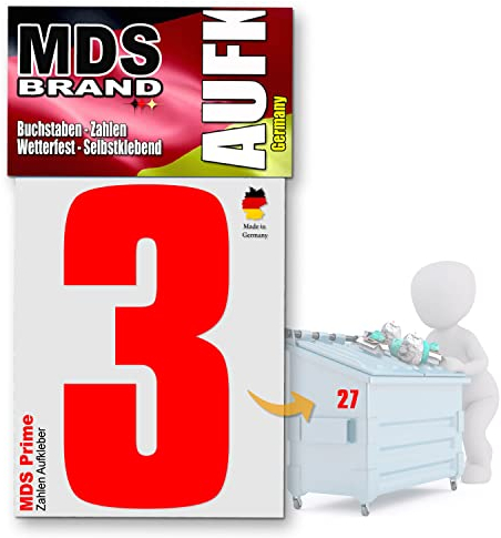 MDS Brand Prime 15cm Zahlen Aufkleber Selbstklebende Klebezahlen für Briefkasten, Mülltonne & Hausnummeren Aufkleber für Außen & Innen (Rot-3)