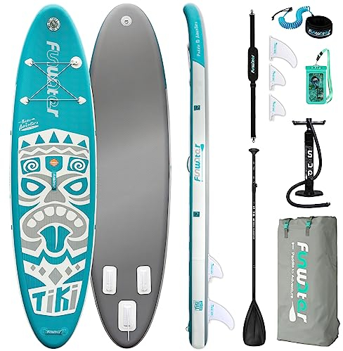 FunWater Aufblasbares Stand Up Paddle Board 320x83cm Ultraleichtes Paddleboard mit Aufblasbarem SUP Zubehör, Tragegurt, DREI Flossen, Verstellbares Paddel, Pumpe, Rucksack, Leine, wasserdichte Tasche