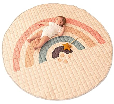 Gesteppte Krabbeldecke Baby 150cm, Regenbogen – extra dicke 1,5cm weiche Baby Krabbelmatte – Spielmatte mit rutschfester Unterseite zum Krabbeln, Laufgitter – maschinenwaschbare Spieldecke