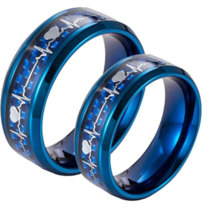 Bishilin Partner Ringe für Sie und Ihn, Herzschlag Ringe Blau mit Kohlefaser Damen Gr.65 (20.7) + Herren Gr.60 (19.1) Verlobungsringe Edelstahl Hochzeitsringe Paar