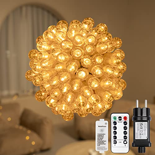 Koopower 100er LED Lichterkette mit Timer Innen 31V, 10M Transparenter Draht + 1,5M Kabel, Warmweiß (8 Modi gesteuert durch Taste und Fernbedienung)