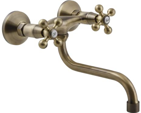 ADGO Stilo Küchenarmatur für Spüle, Wasserhahn für Spülbecken, Spültischarmatur, Armatur Küchenspüle, Zweihand-Spültischbatterie, Wand-Küchenmischer mit zwei Knopfen (Antikes Messing)