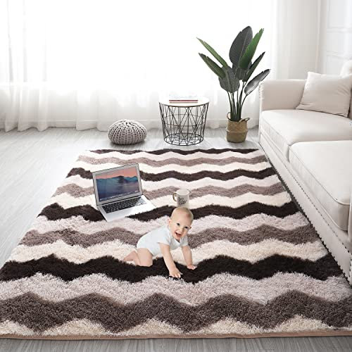 Gsogcax Rugs Living Room 4'×5.3' Super Soft Fluffy Area Rugs for Bedroom Shaggy Anti-Skid Comfortable Large Rugs Indoor Modern Home Decor Floor Carpet - Brown Wave 120x160