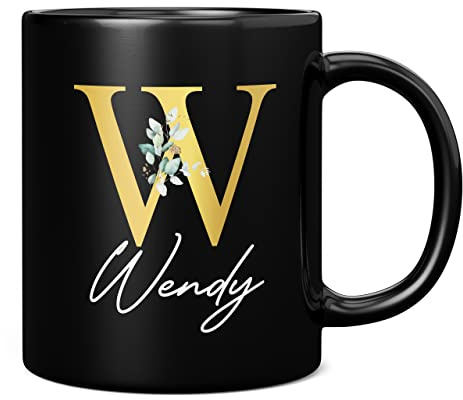 Personalised Letter W Floral Mug Initial with Name, Customised Gift, Gold Effect Printed Letter, NOT Metallic - Ceramic Coffee Cup for Men or Women, Extra Large and Giant Mug, 11oz Black Cup