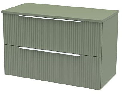 Hudson Reed DFF895W Fluted Modern Bathroom Wall Hung 2 Drawer Vanity Unit with Colour Match Worktop, 800mm, Satin Green